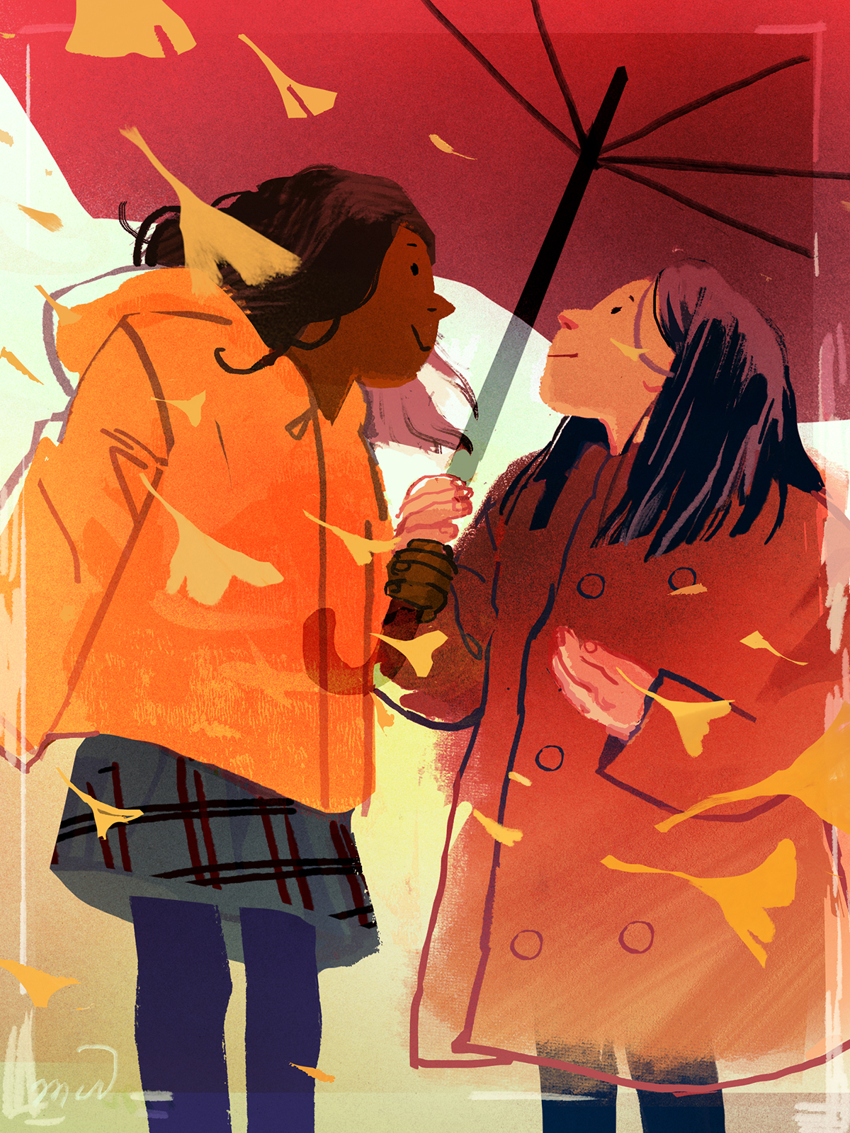 Cute illustration of young black girl and young white girl in a fall scene, sharing an umbrella