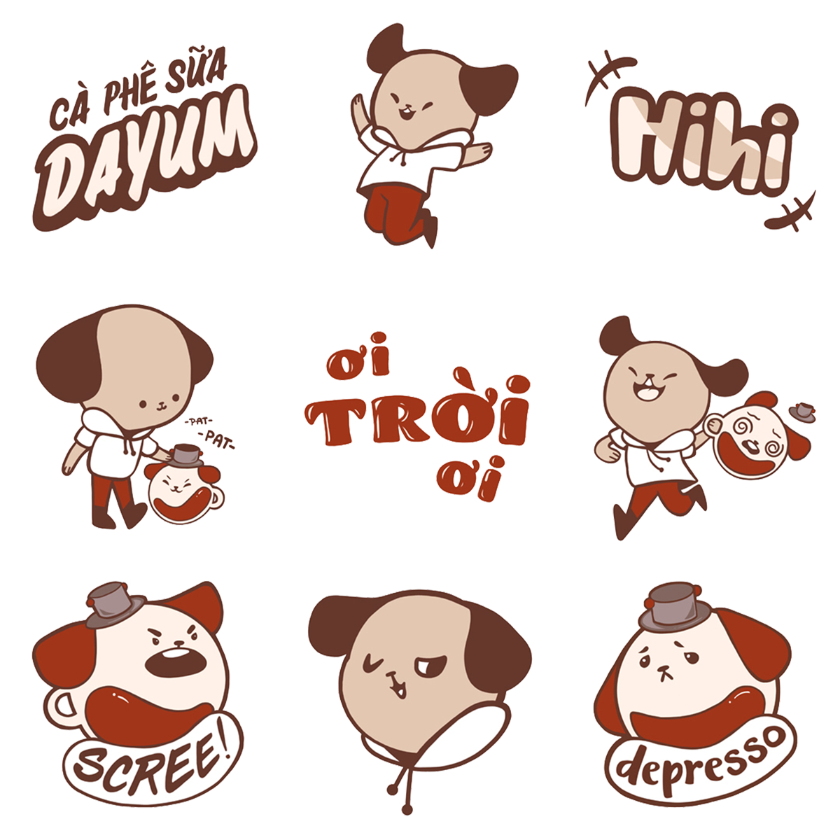Illustrated marketing logo sheet for coffee or a cafe showing variations of logos of a anime dog and experimental text