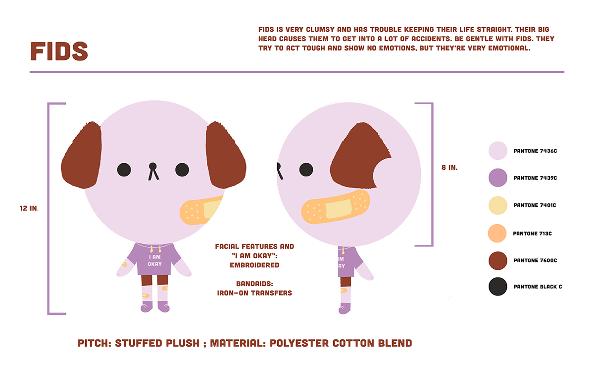 Character design turnaround pitch for a plush dog named Fid. Left 2/3rds shows dog front and profile views with dimensions, right shows color scheme, small text above describes character