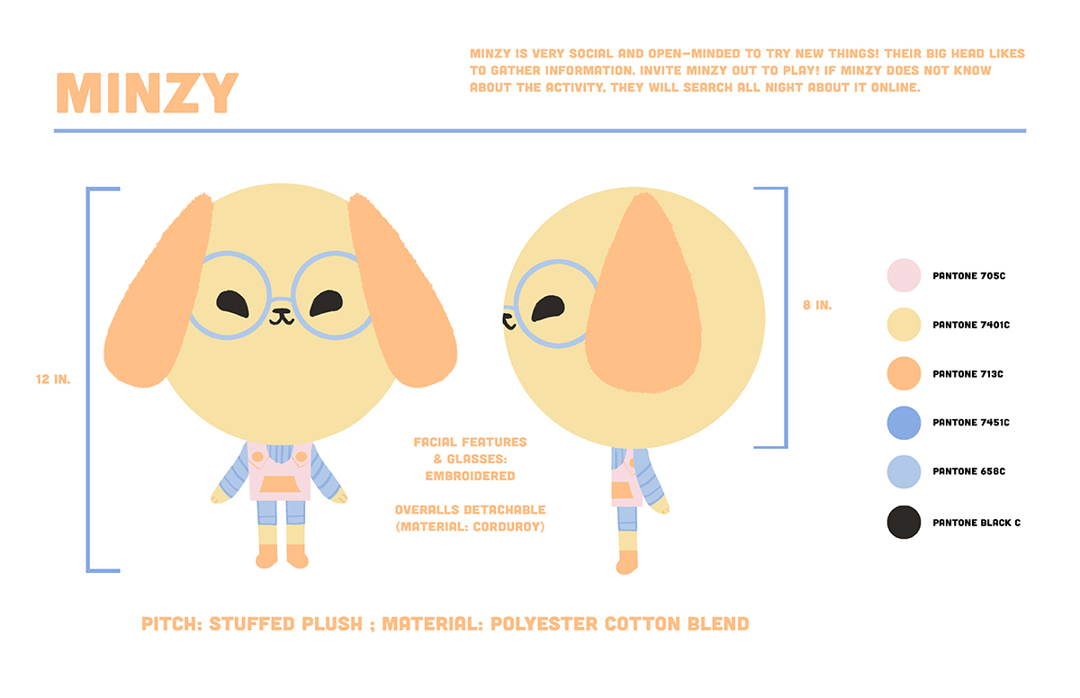 Character design turnaround pitch for a plush dog named Minzy. Left 2/3rds shows dog front and profile views with dimensions, right shows color scheme, small text above describes character