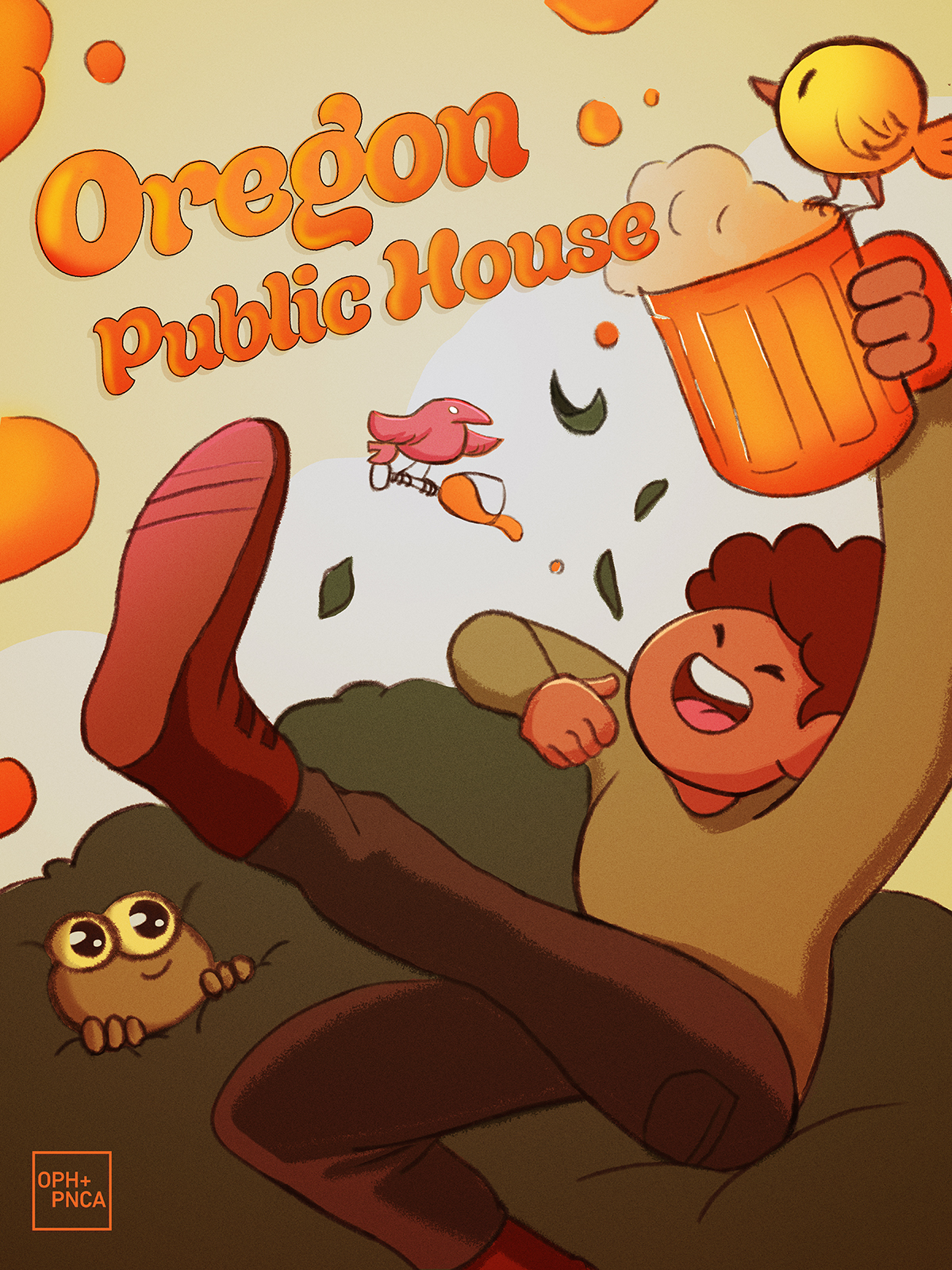 Illustrated poster design for 'Oregon Public House', graphic style illustration of a man kicking leg expressively while hold a large beer mug up to the sky