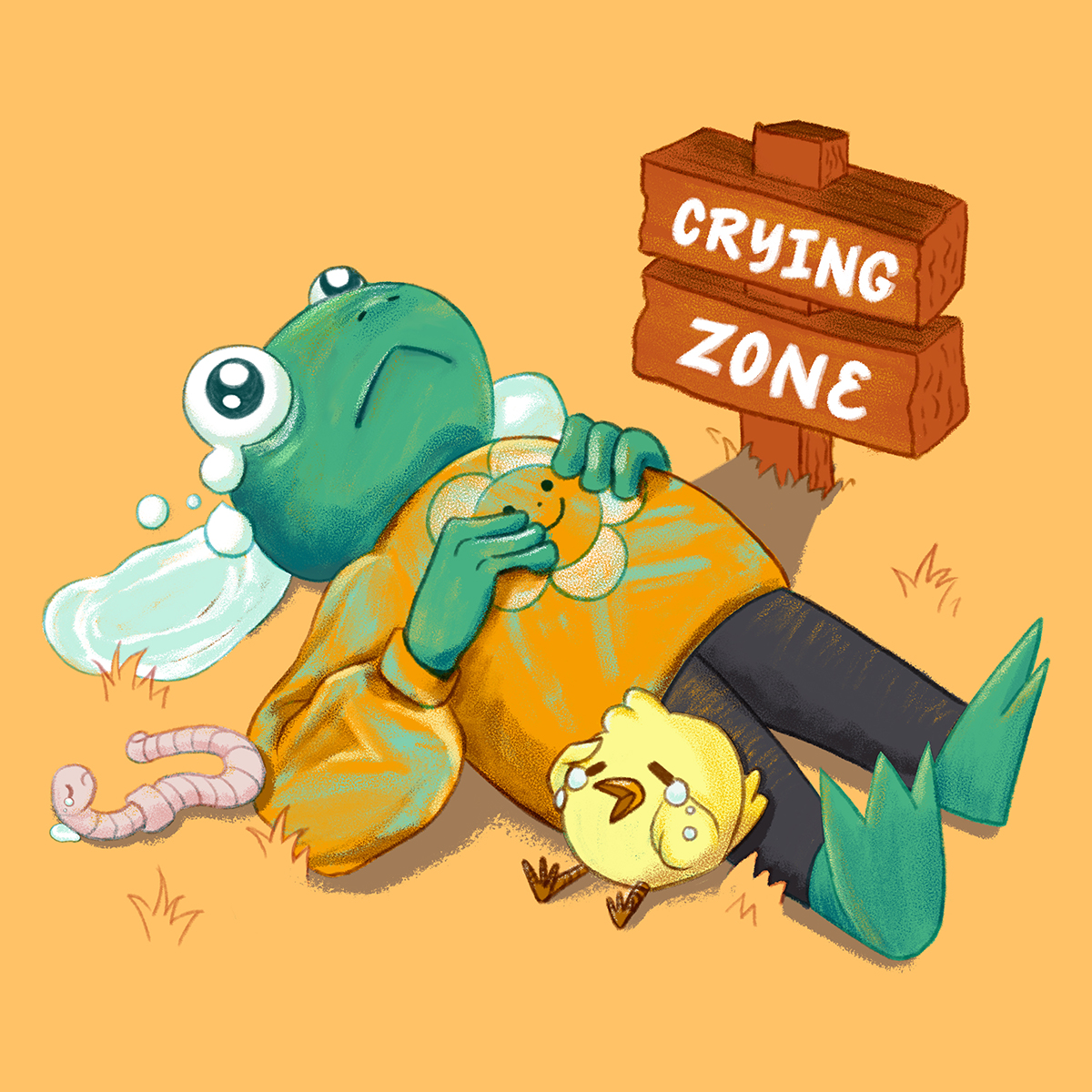 Digital illustration of a frog lying on the ground in a puddle of his own tears, next to a wooden sign that reads 'crying zone'
