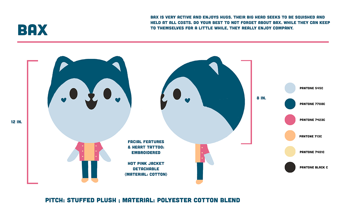 Character design turnaround pitch for a plush husky dog named Bax. Left 2/3rds shows dog front and profile views with dimensions, right shows color scheme, small text above describes character