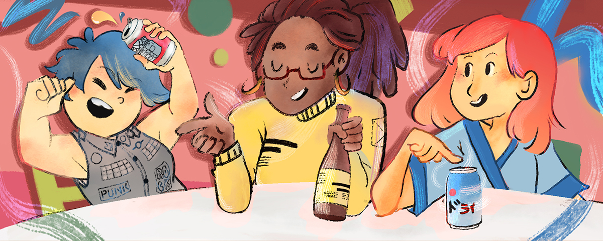 Digital illustration of three women of differing races sitting at a table drinking different canned beverages and talking expressively