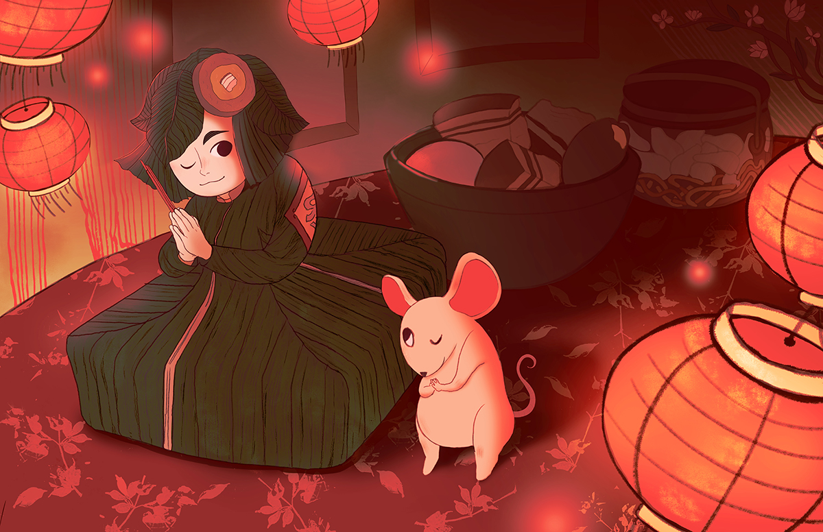 Dramatic red lit illustration of asian woman kneeling with hands in prayer next to a small mouse and surrounded by glowing chinese lanterns