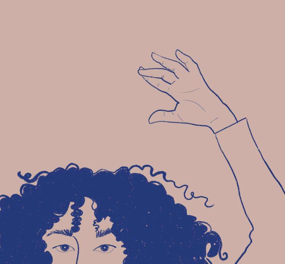 Illustrated GIF in blue linework, a latinx woman’s head peeks up from the bottom left of the image, her arm reaches and pulls a strand of curls up and away from head and lets go letting curl snap back into place
