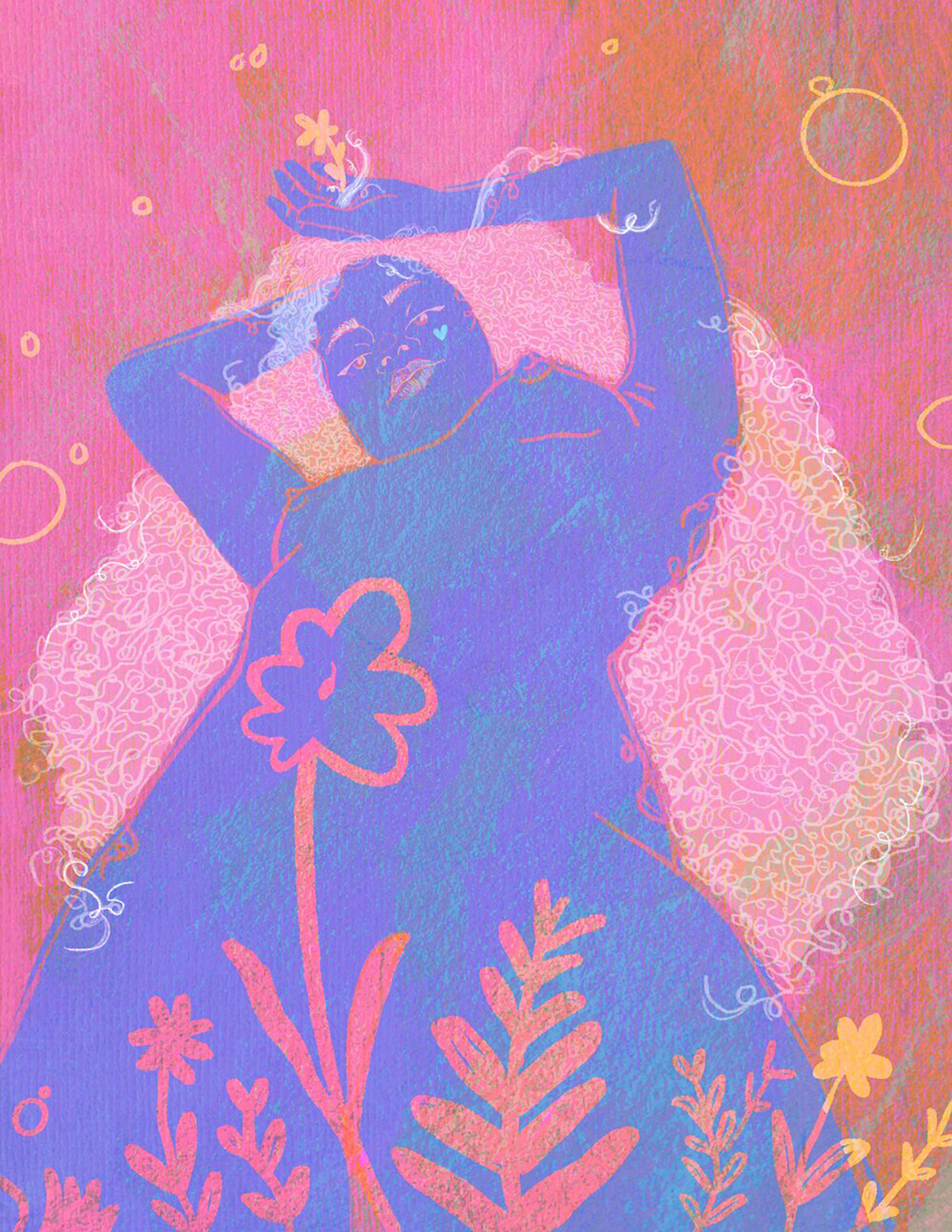 Bright digital illustration of a naked black/latinx woman laying back in field, blue body, flowers overlaying her body, arms relaxed over her head of full, curly hair