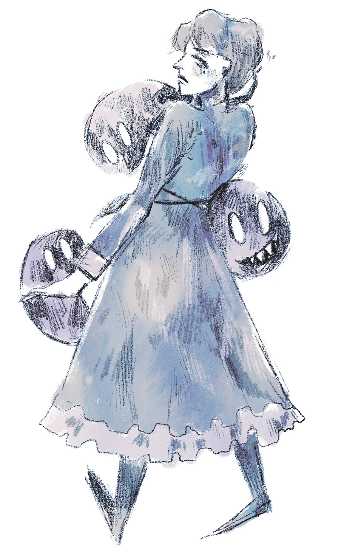 Pencil and watercolor sketch of woman in flowing dress walking with back to viewer, looking over her left shoulder with three shark toothed circular heads with vacant white eyes
