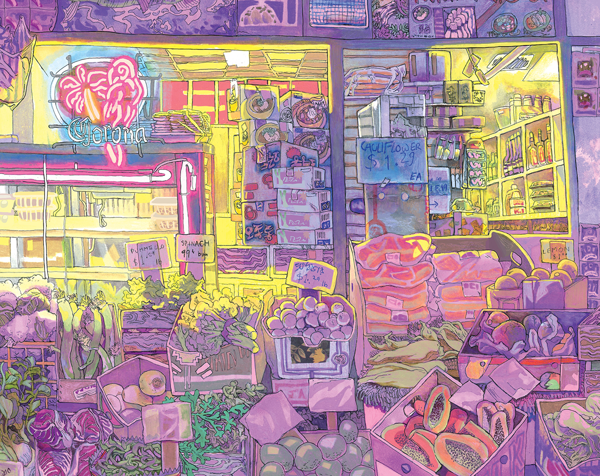 Bright dramatic lit painting of a market scene, heavily dense with produce boxes in the foreground, neon light emerging from the shop windows
