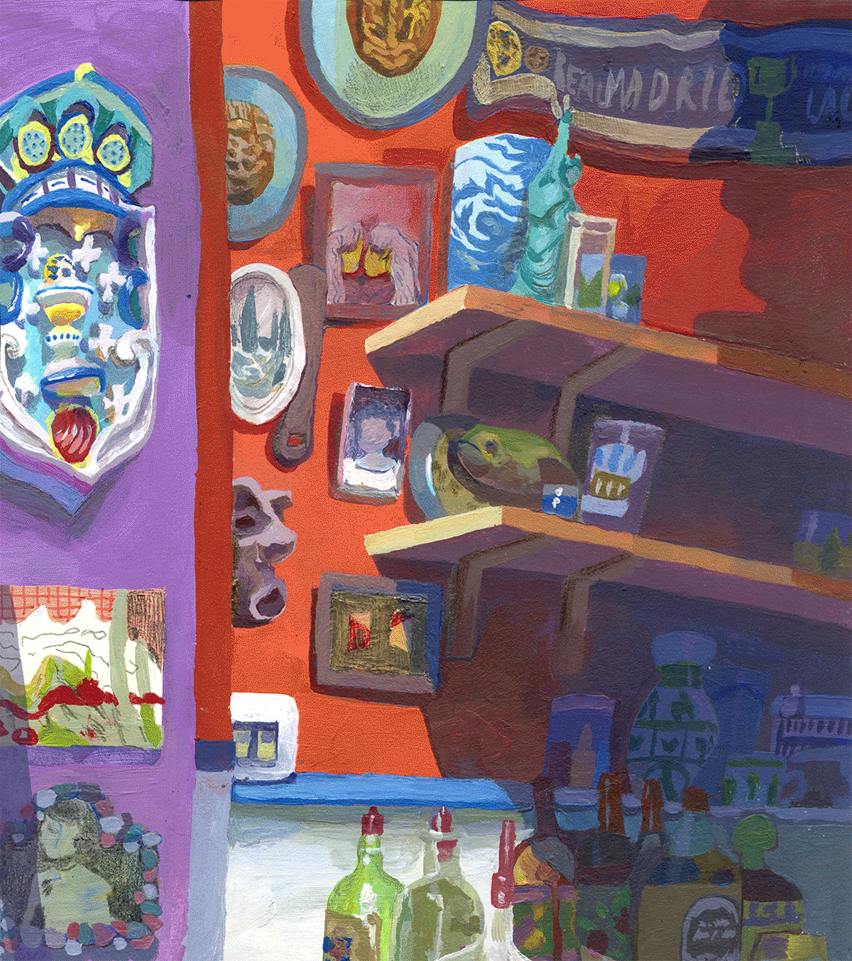 Animated gif of a detailed wall with shelves and knick knacks on it, two femme shadows appear and move from left to right, one pulling the other out of frame
