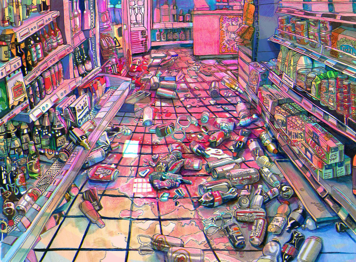 Highly rendered painting of a market aisle, dramatic lighting, with beers and sodas on left, food and cans on right, center aisle covered in a mess of fallen, broken, spilled items