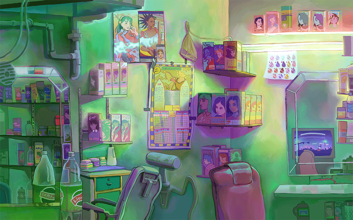 Highly rendered animated gif of a hair salon scene, two chairs, with clutter of hair products on walls, dramatic green and yellow lighting and shadows