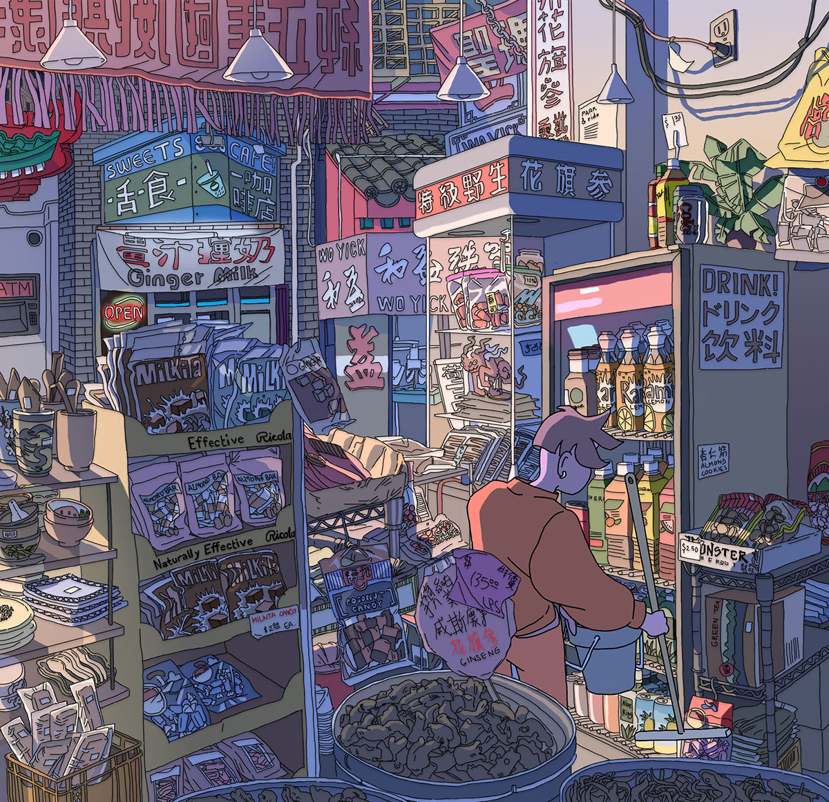 Digital painting of a busy asian market filled with display cases of various foods, man with bucket in front of drink display, dramatically lit with shadows cast