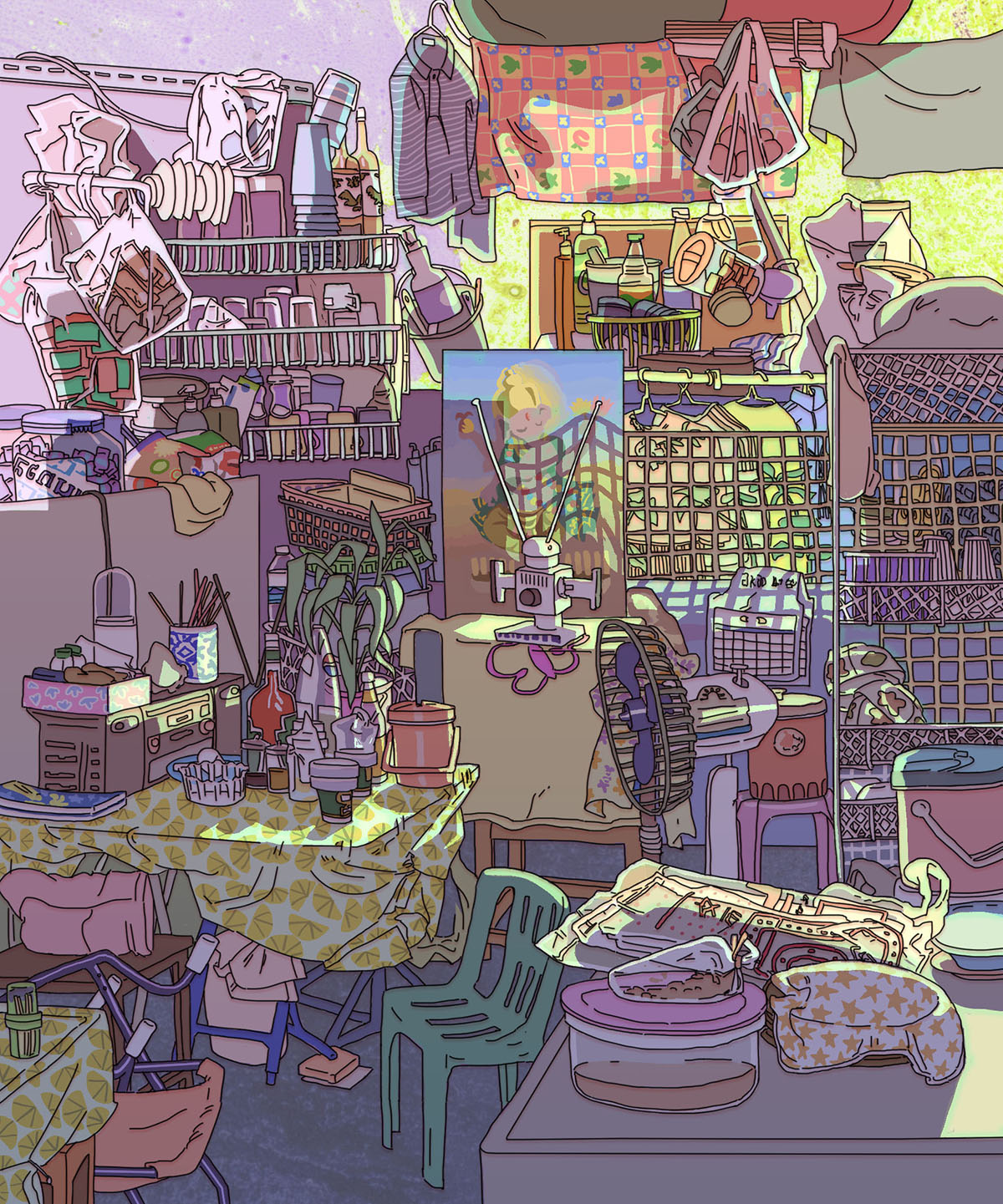 Bright, high detailed illustration of a cluttered market scene with pantry items covered floor to wall, dramatic lighting casting expressive shadows across items