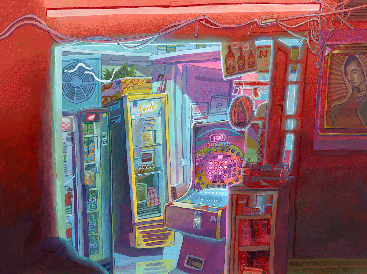Neon bright painting animated gif of a arcade in a street market kiosk. Red shadows on the foreground, central focus on the neon light coming from the arcade or slot machine