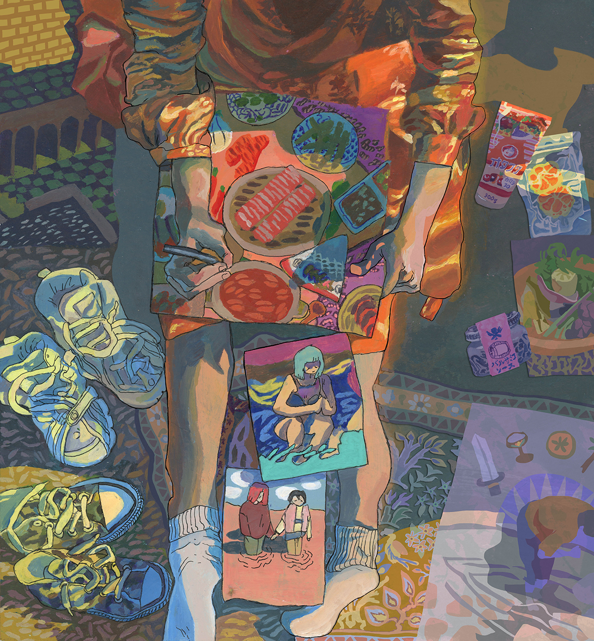 Painting of top down view of a woman's legs with a painting on her lap as she draws food, surrounded by shoes, paintings, art supplies, sitting on detailed blacket