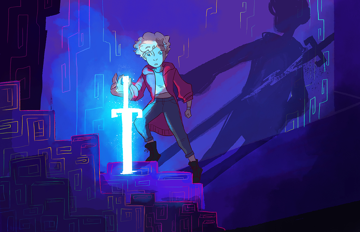 Digital illustration of a white glowing sword stuck into the ground, blue light casting against a young boy approaching the sword with curiosity, his shadow casting behind him