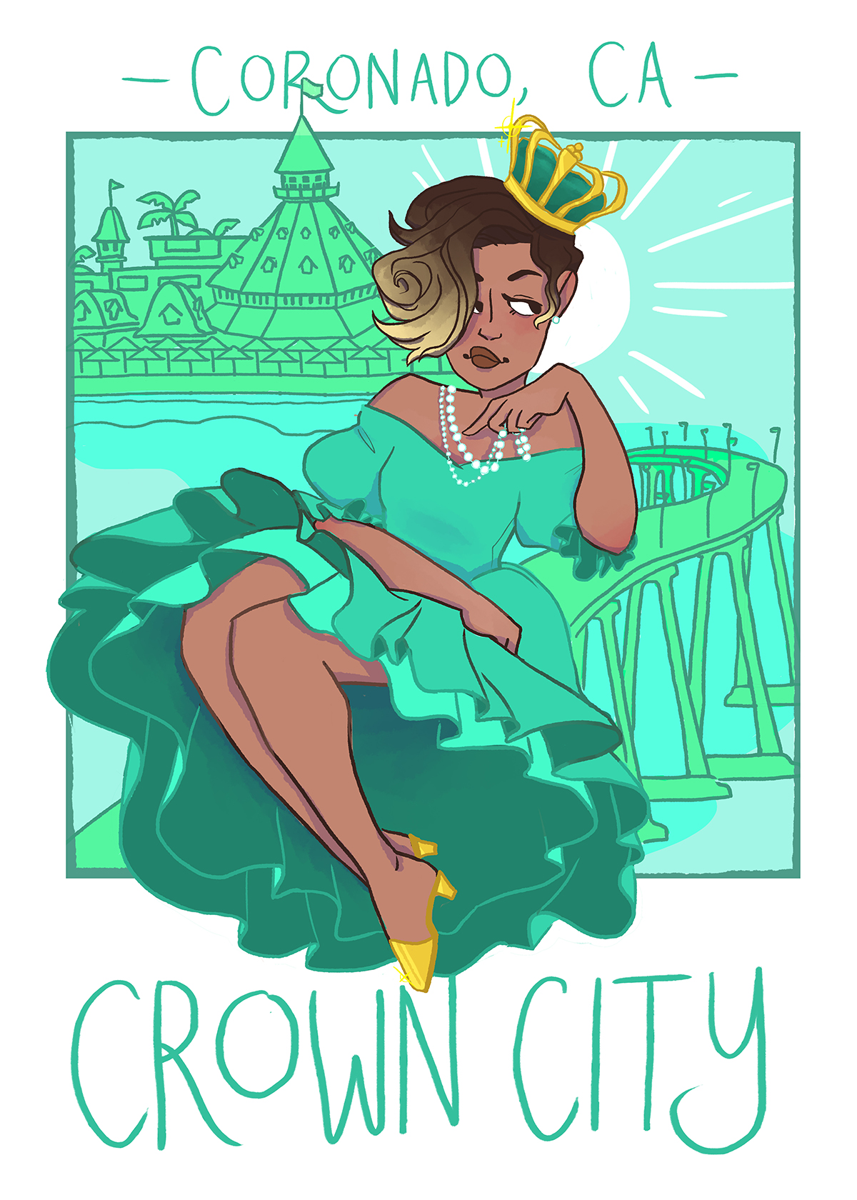 Digital illustration of a woman of color in a fancy green dress wearing a crown sitting at the end of a pier, written text in board around image reads 'Coronado, CA' at top, 'Crown City' at bottom