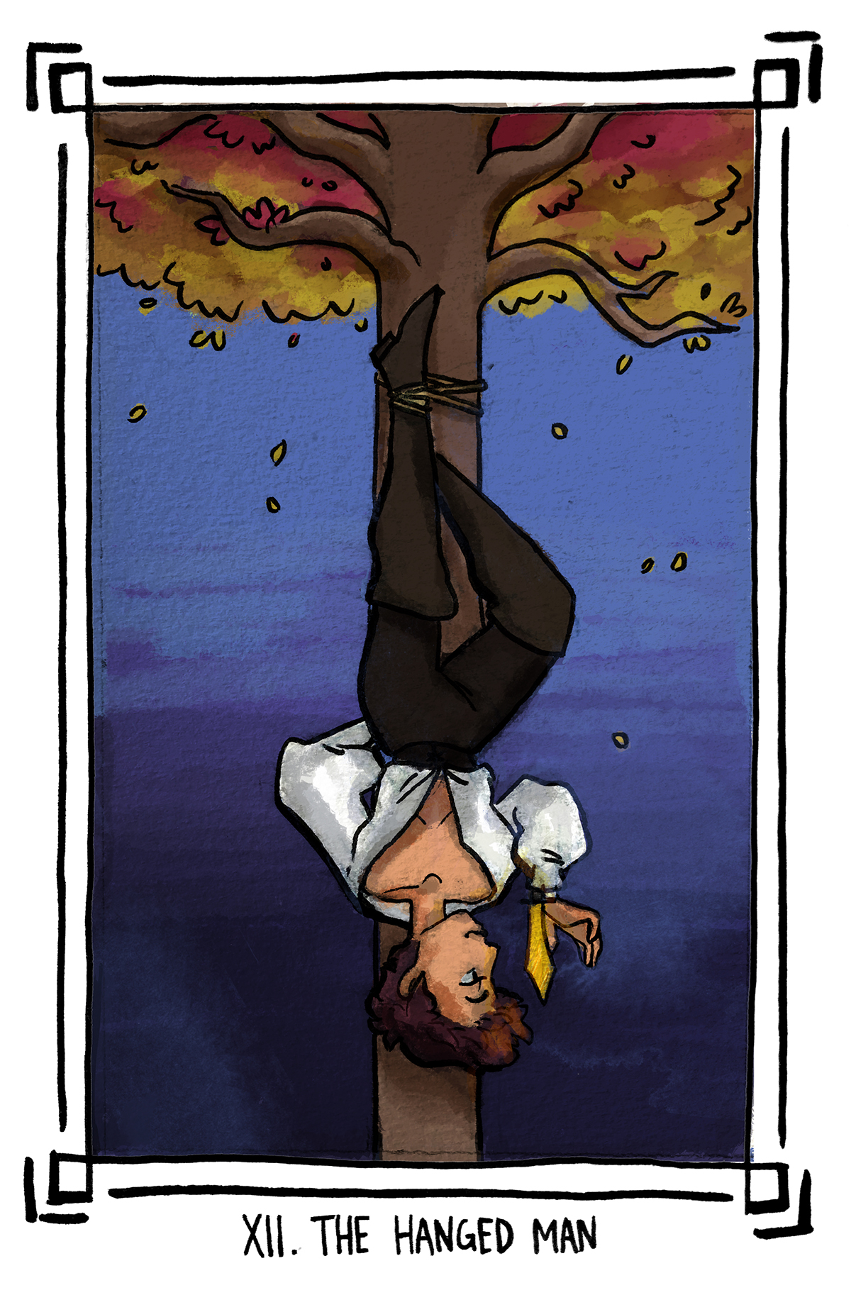 Illustration of a tarot card of the Hanged Man, man hanging upside down from tree, feet bound around the top of the trunk, white border around image