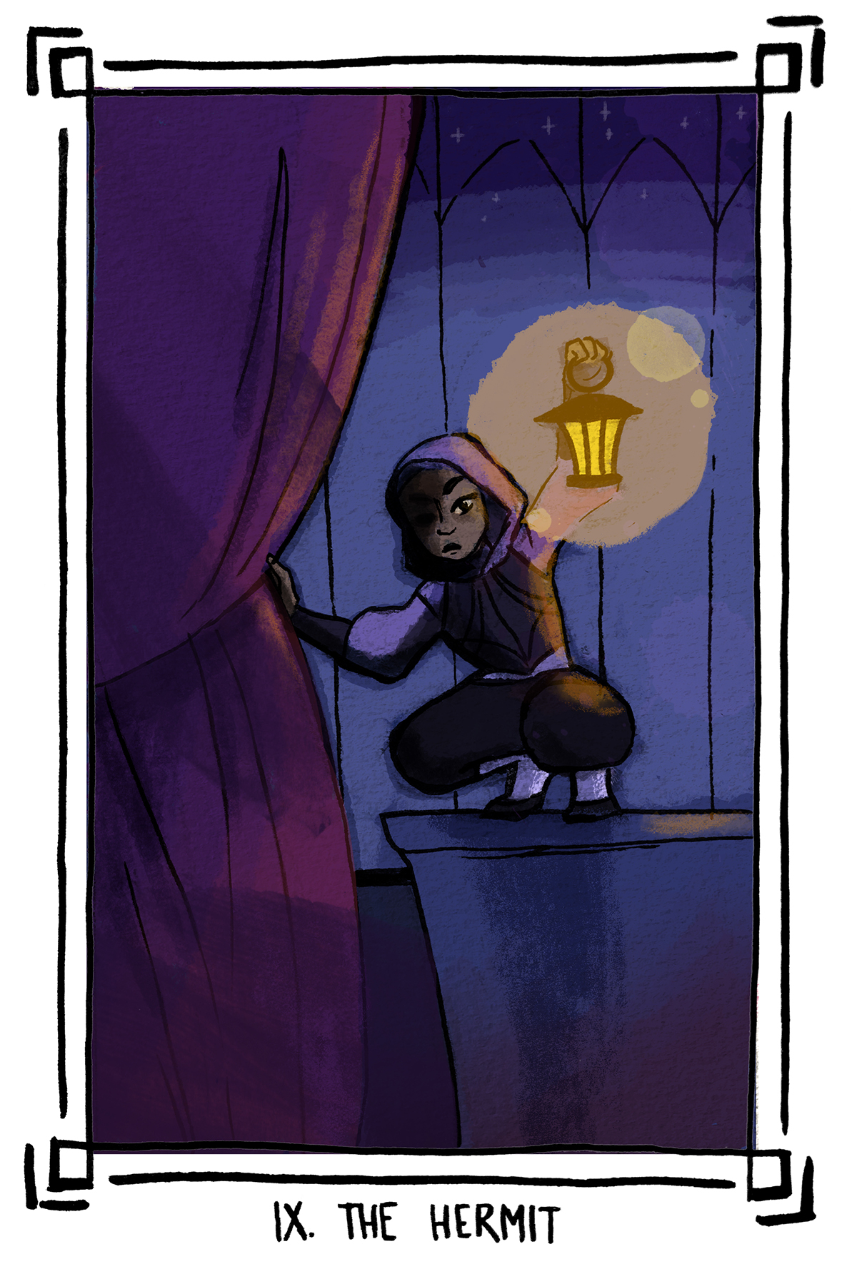 Illustration of a tarot card of the Hermit, girl crouching pulling back a curtain holding glowing lantern, white border around image