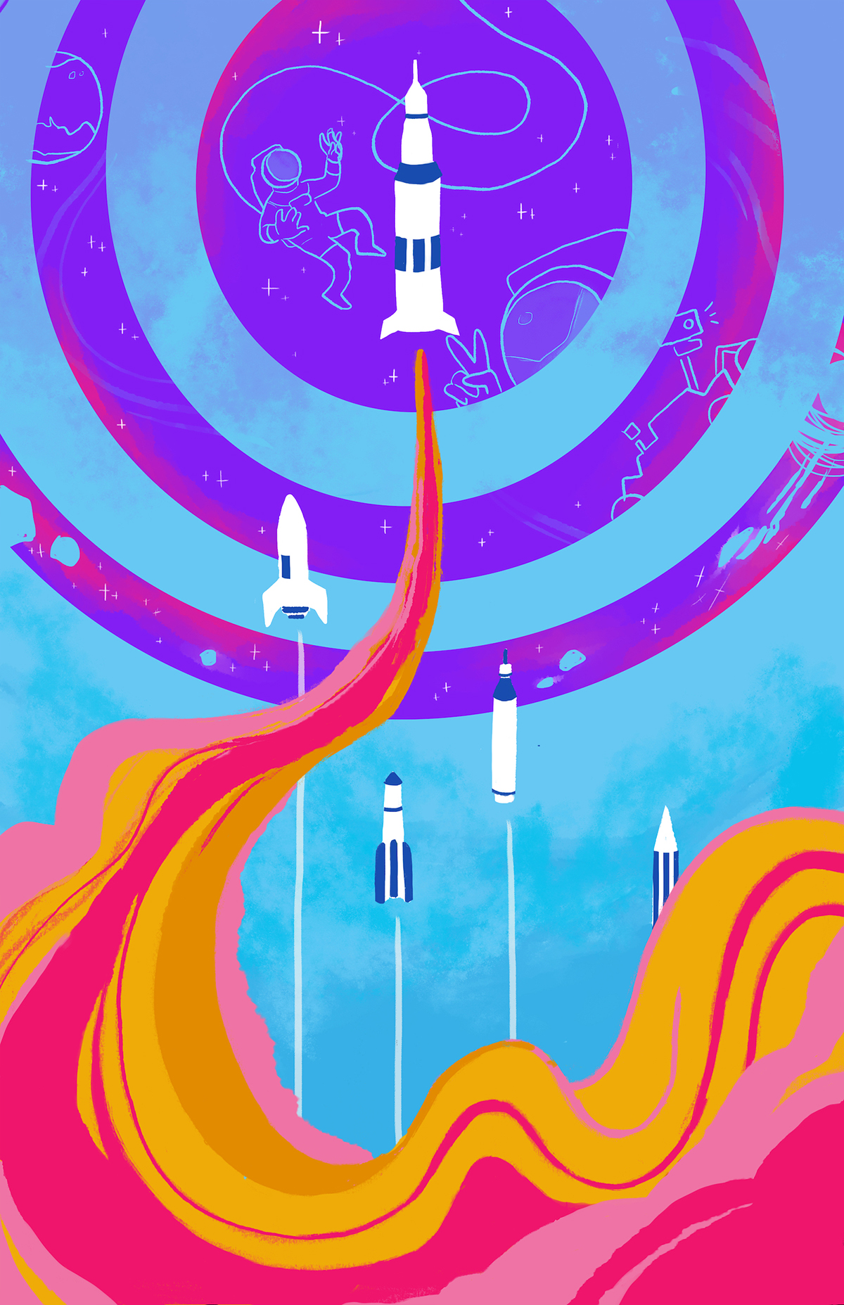 Bright graphic illustration of a space scene with five rockets shooting up to nested circles in the upper sky. Fire swirls out and down from central rocket