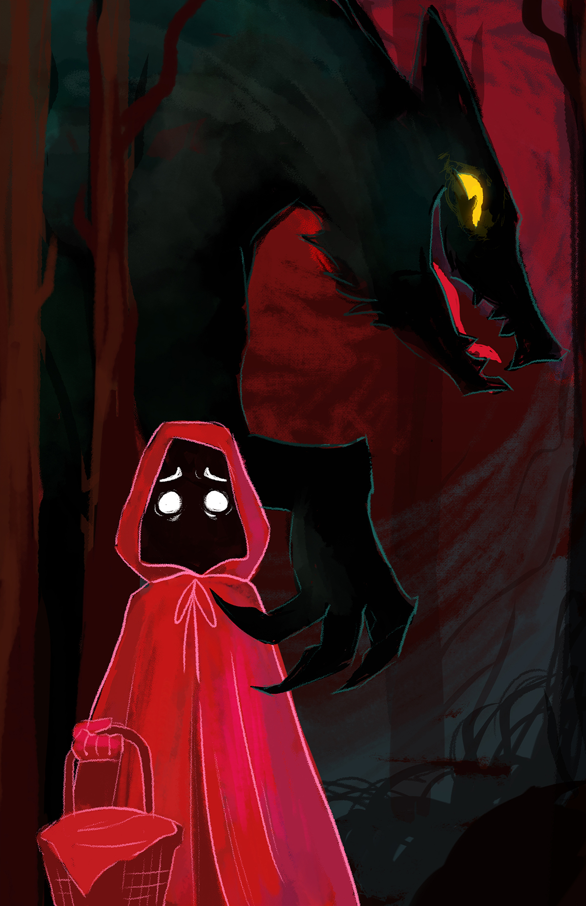 Digital illustration of little red riding hood in glowing red, and white fearful eyes shining from under hood, dark wolf like figure looming over her with claws at her shoulder