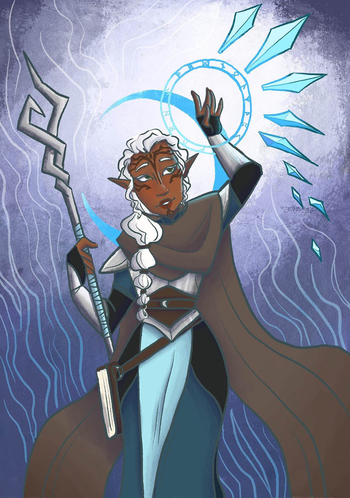 Digital illustration of a black female elven character with flowing cloak, staff in right hand, left hand held up with blue circle and shooting diamonds around it denoting magic or power