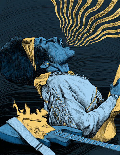 Digital illustration of Jimi Hendrix throwing his head back playing a guitar, with yellow swirls coming from mouth denoting sounds, electric guitar and flames in the foreground