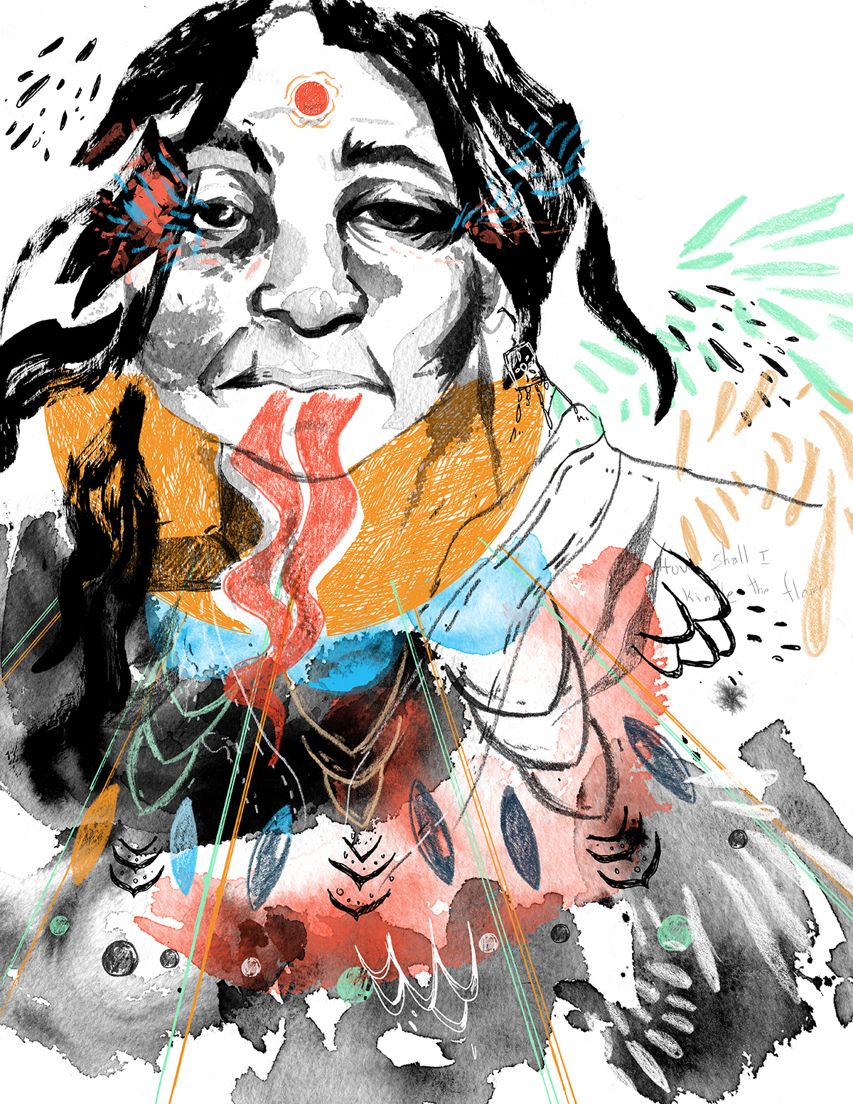 Mixed media painting of a native american with bold colorful strokes fanning out abstractly